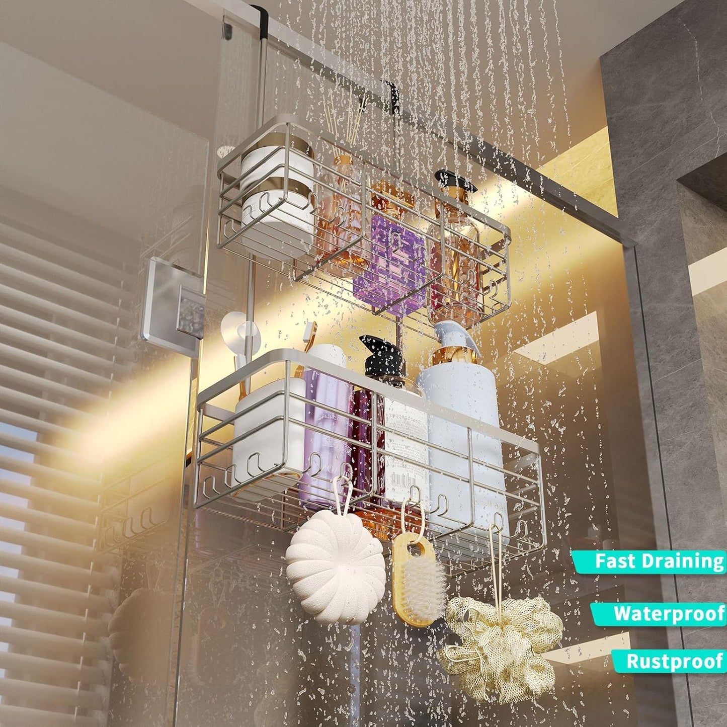 HapiRm Hanging Shower Caddy Organizer - No Drilling Shower Organizer with Hooks, Rustproof & Waterproof 304 Stainless Steel Bathroom Shelves - Brushed Nickel