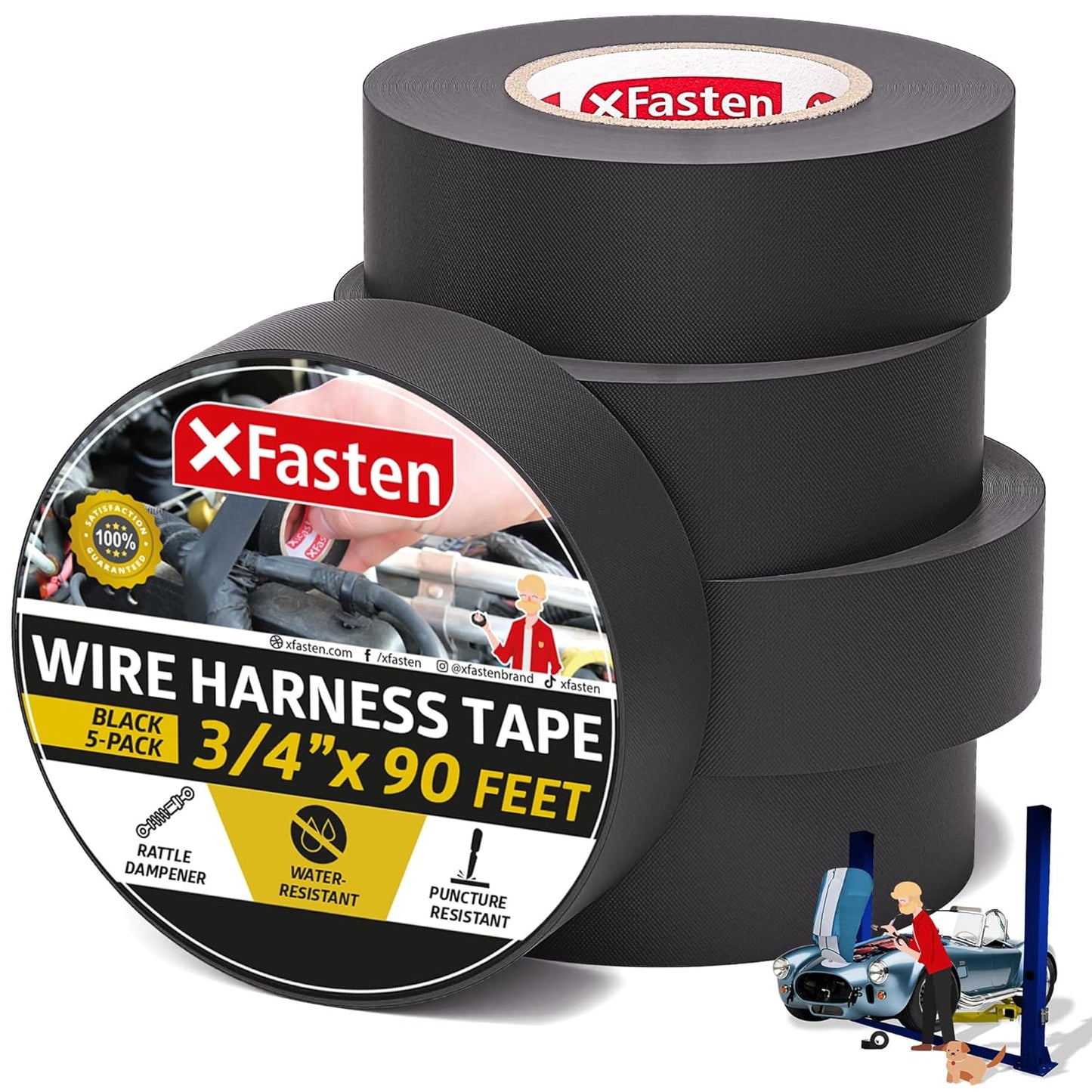 XFasten Black 3/4-Inch x 90-Feet (5-Pack) High-Heat Resistant Cloth Electrical Tape for Automotive Wire Loom