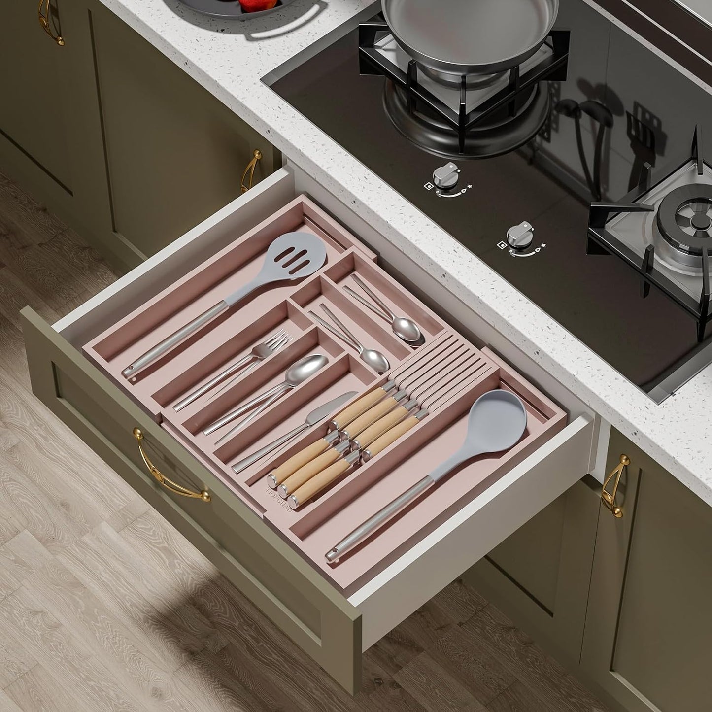 Bamboo-Silverware-Drawer-Organizer-Kitchen, Expandable Utensil Holder Cutlery Tray Flatware Organization Adjustable Wood Tableware Dividers Storage (with Removable Knife Block)(Grey Pink)