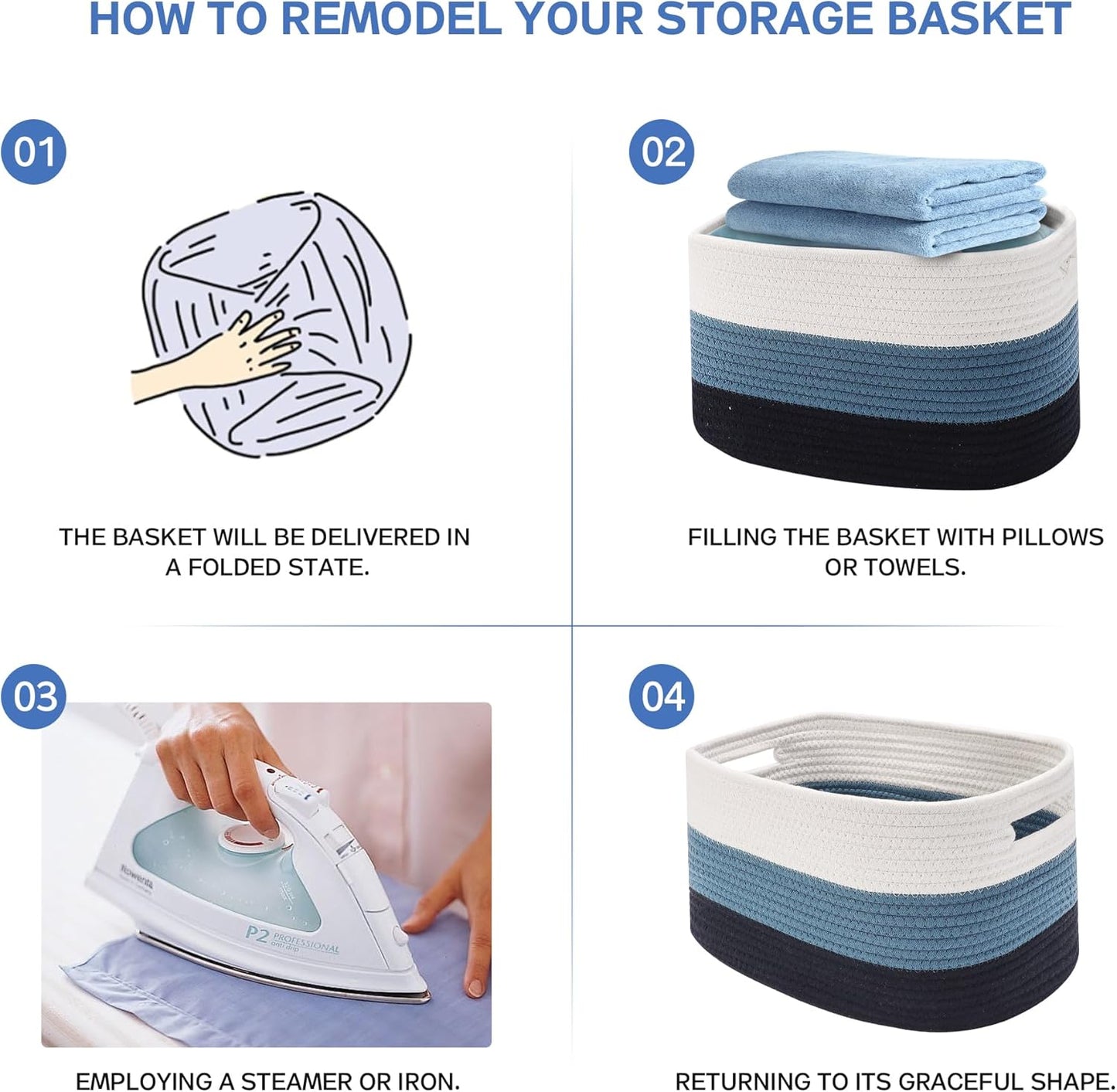 4 Pack Woven Storage Baskets for Organizing - Cotton Rope Baskets for Closet, Toys, Books, Towels, Durable Storage Bins for Shelves, Living Room, Bedroom, 14.76''Lx9.84''Wx8.86''H (Blue, 13")