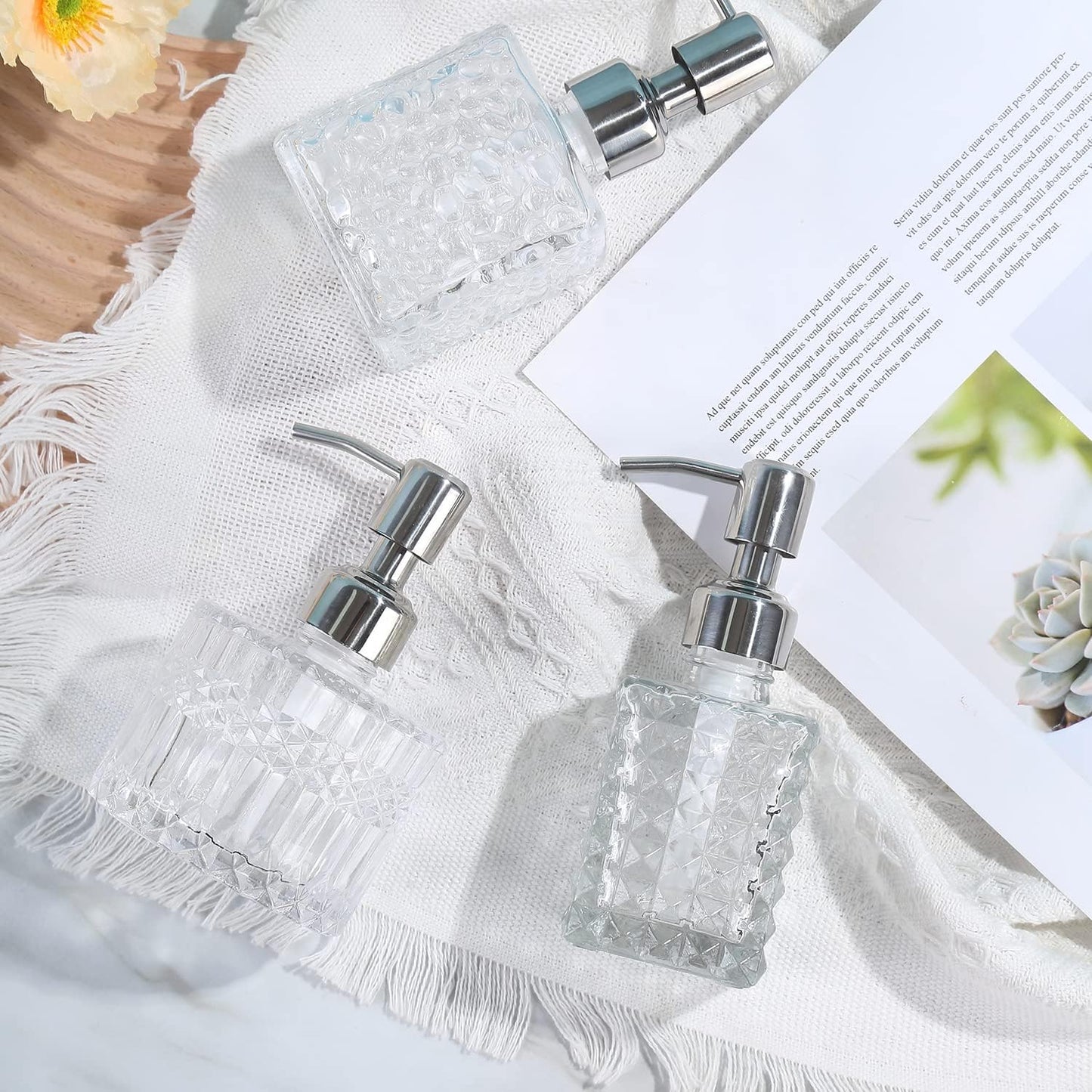 Soap Dispenser with Stainless Steel Pump, Clear Crystal Design, Vintage and Elegant, Refillable Liquid Hand Soap Dish Soap Dispensers for Bathroom Counter, Kitchen Sink (Style 4)