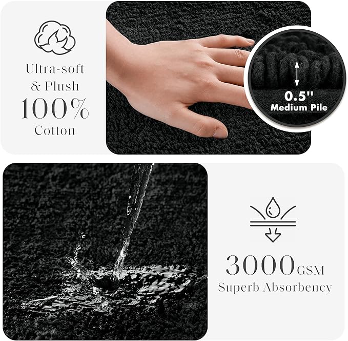 Madison Park Splendor Reversible 100% Cotton Tufted Bathroom Rug-3000 GSM Hotel Quality Luxurious Plush Medium Pile Bath Mat Absorbent, Quick Dry, Shower Room Décor, 24x36 Black