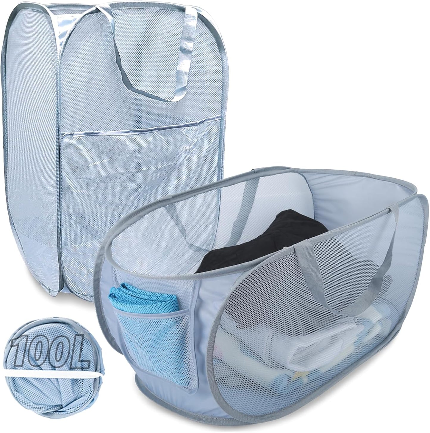 Extra Large Mesh Pop Up Laundry Hamper 2 Pack, 100L Foldable Laundry Baskets, Dirty Clothes Hamper with Pocket, Collapsible Hampers for Travel, Dorm or Home. Grey H+V