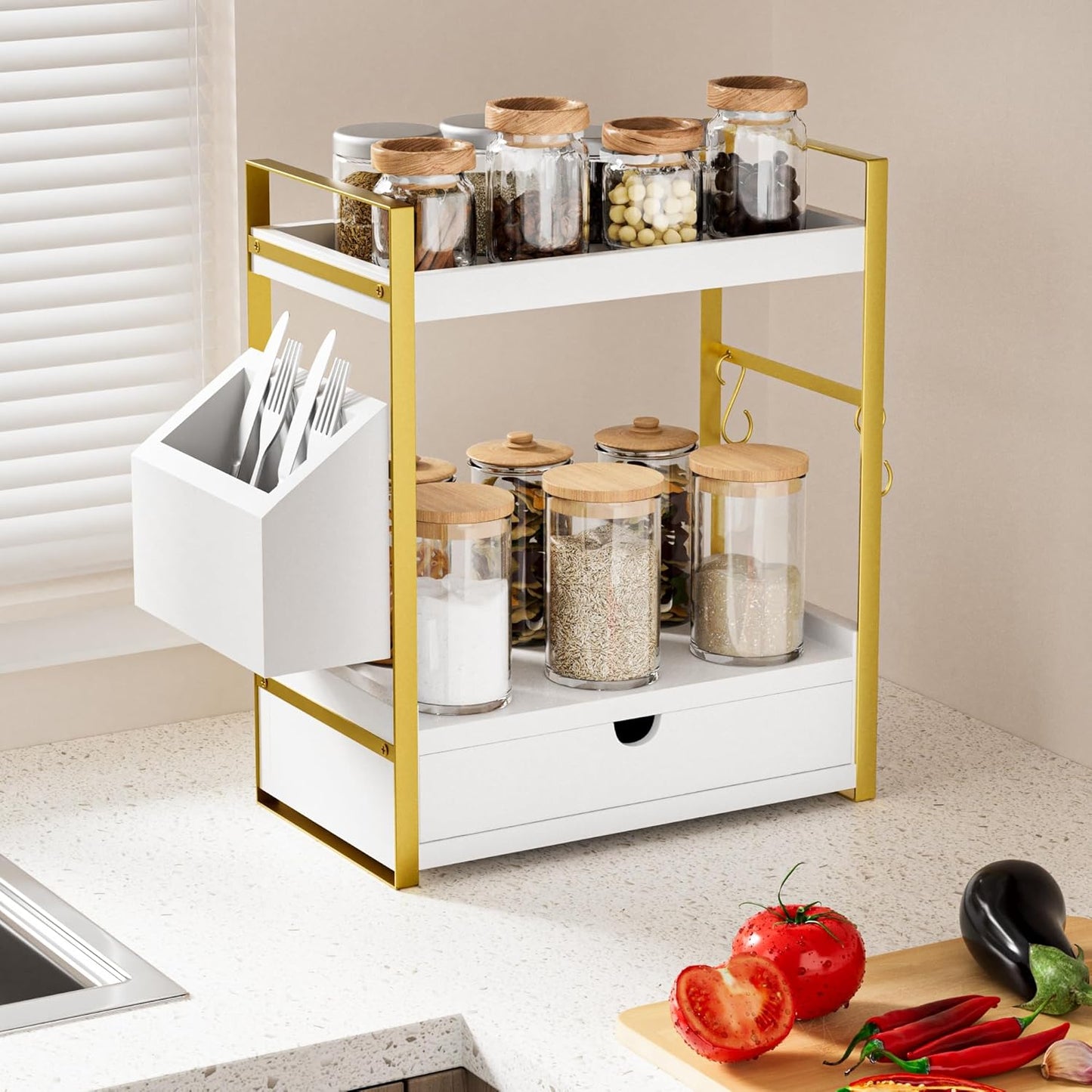 2-Tier Bathroom Counter Organizer with Drawer and Basket, Wood Countertop Organizer for Storage, Skincare Organizers for Vanity, Counter Shelf for Bathroom Organization(White-gold)