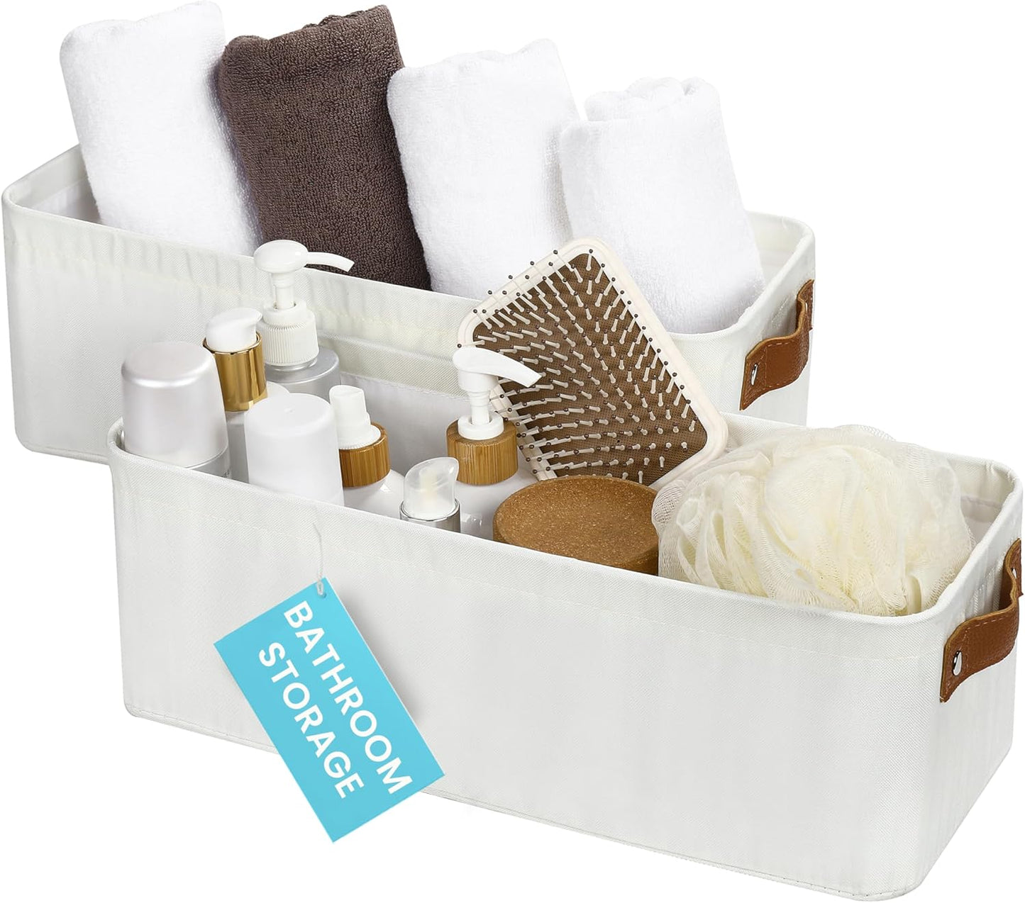 OrganiHaus Narrow Storage Bins 15x06in, Small Closet Bins for Shelves, Bathroom Storage Baskets for Shelves, Narrow Baskets, Fabric Organizer with Handles, Toilet Paper Organizer - 2 Pack, Off-White