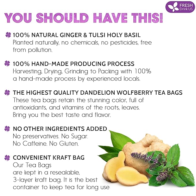 FreshDrinkUS, Premium 135 Ginger Tulsi Tea Bags, 100% Natural, Hand-made Blend of Ginger and Tulsi Holy Basil Leaves, Eco-conscious Tea Bags. Herbal Tea. No Sugar, No Caffeine, Vegan.