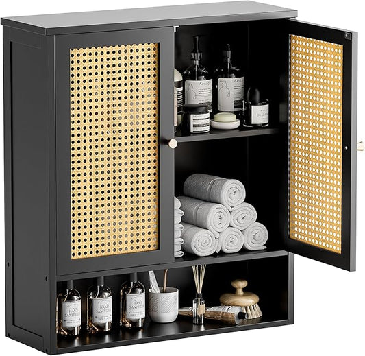 HITNET Wall Cabinet, Bamboo Medicine Cabinet with Rattan Doors and Adjustable Shelf, Bathroom Hanging Storage Organizer Over Toilet for Small Space (Black)