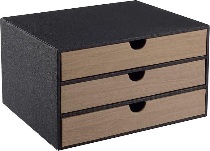 Fashion Multicolor Collocation Leather Desk Organizer File Cabinet Executive Office Supplies Desktop Filing A4 Contract Document Stackable Storage Box with 3 Drawers (Black)