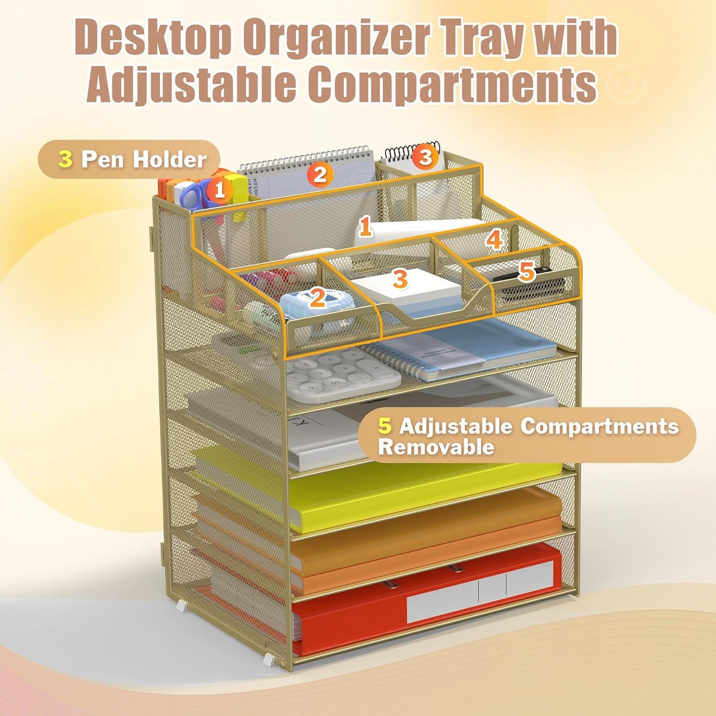Docnest 6 Tier Mesh Desk Organizer for Paper Office Supplies – Multi-Functional Letter Tray with 5 Adjustable Compartments, 3 Pen Holders, Desktop Storage for Files, Mail, Stationery – Gold Yellow