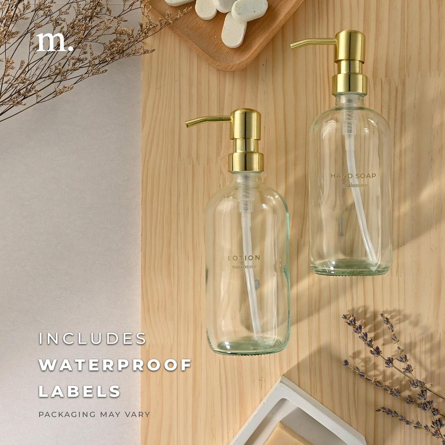 MaisoNovo Soap Dispenser 2-Piece Set | 16.9oz Clear Bottles with Gold Stainless Steel Pump