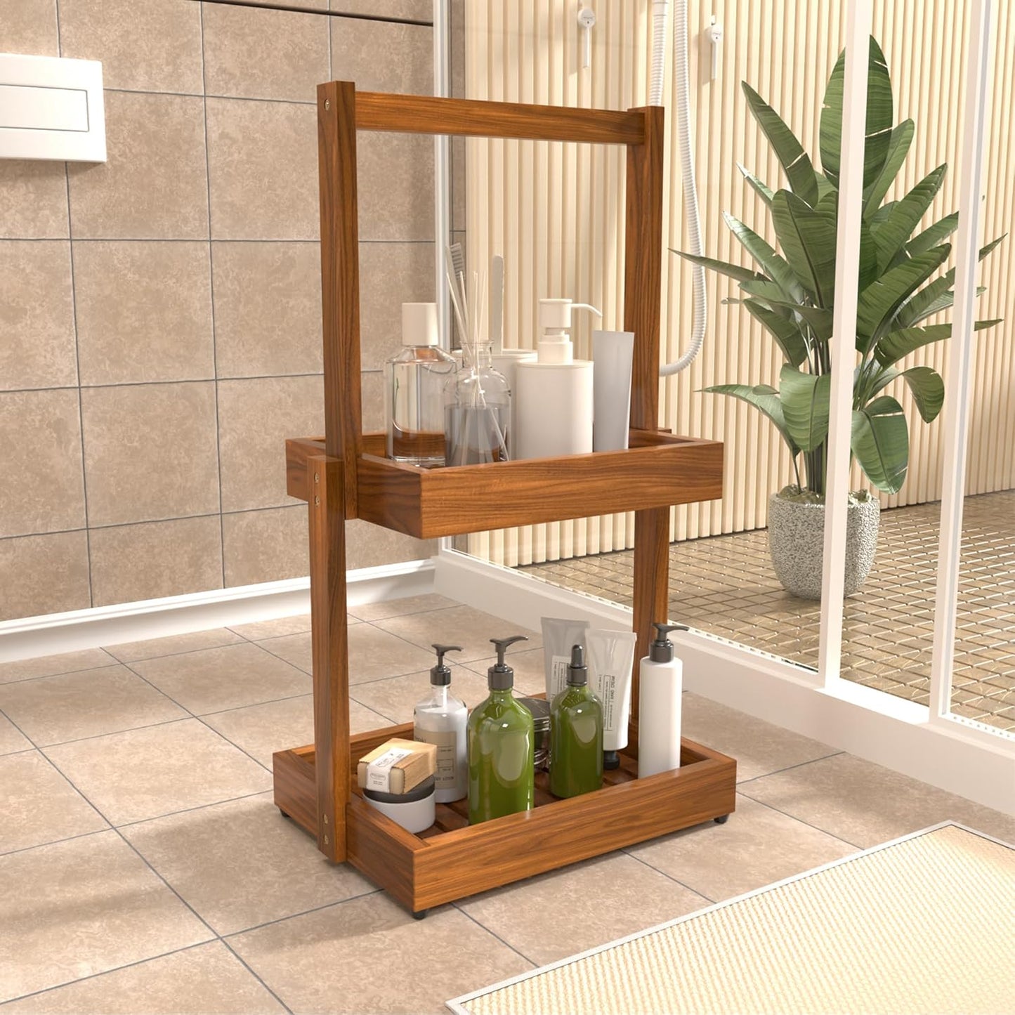 Teak Bathroom Shelf Towel Holder - 2 Tier Use as Shower Caddy Towel Organizer Stand Toilet Paper Storage Fruit Basket with Non-Slip, Durable for Bathroom Livingroom Kitchen