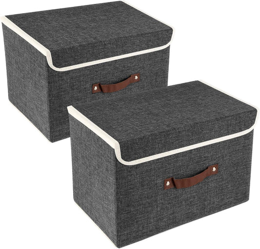 TYEERS Collapsible Storage Boxes, Washable Fabric Storage Bins with Lids, 14.9x9.8x9.8 inches, 2 Pack, Black