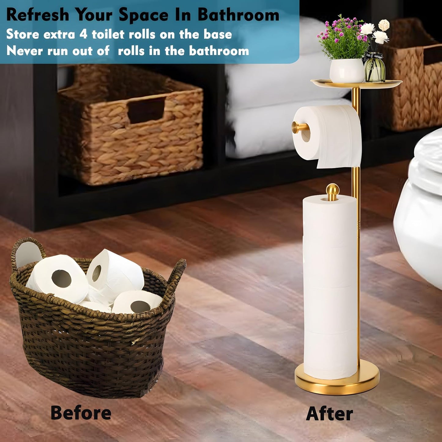 Noonext Gold Toilet Paper Holder with Shelf, Freestanding Toilet Paper Holder with Big Tray for Bathroom, Heavy Base No Tipping Over (Stainless Steel, Gold)