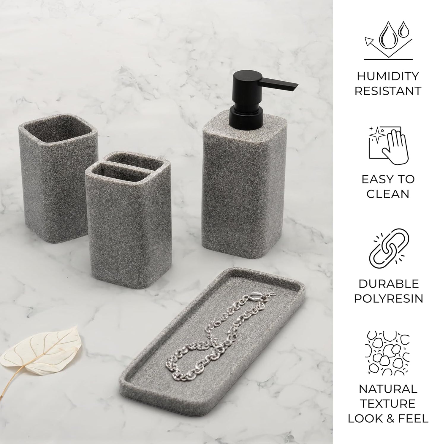 ZCCZ Grey Bathroom Accessory Sets, 4 Pieces Bathroom Accessories Complete Set Vanity Countertop Accessory Set, Includes Lotion Dispenser Soap Pump, Tumbler, Toothbrush Holder and Tray