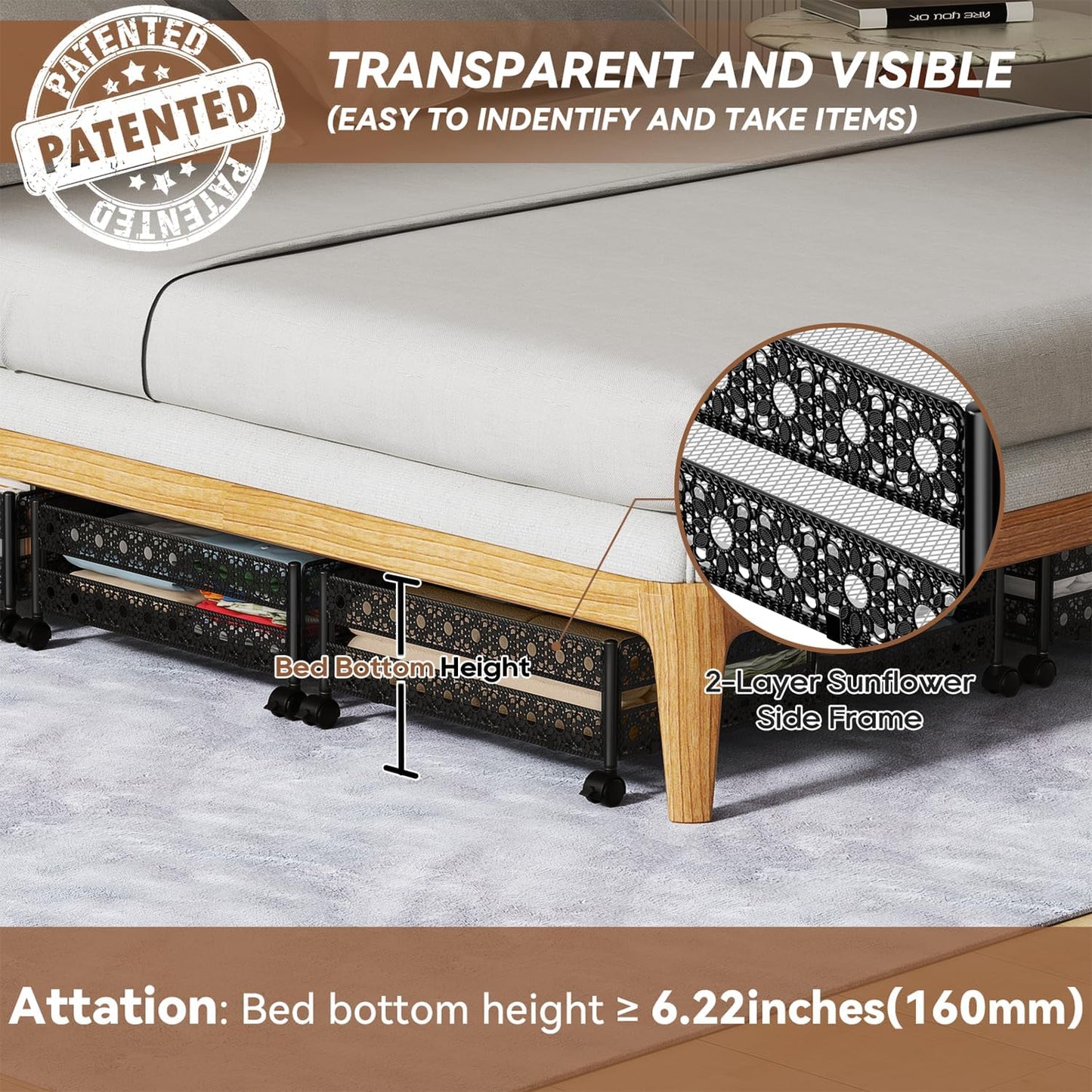 Under Bed Storage Containers with Wheels - Shoe Storage Organizer Drawer, Tool-free Assembly Metal Underbed Storage Containers for Bedroom Clothes, Shoes, Blankets - 2 Pack