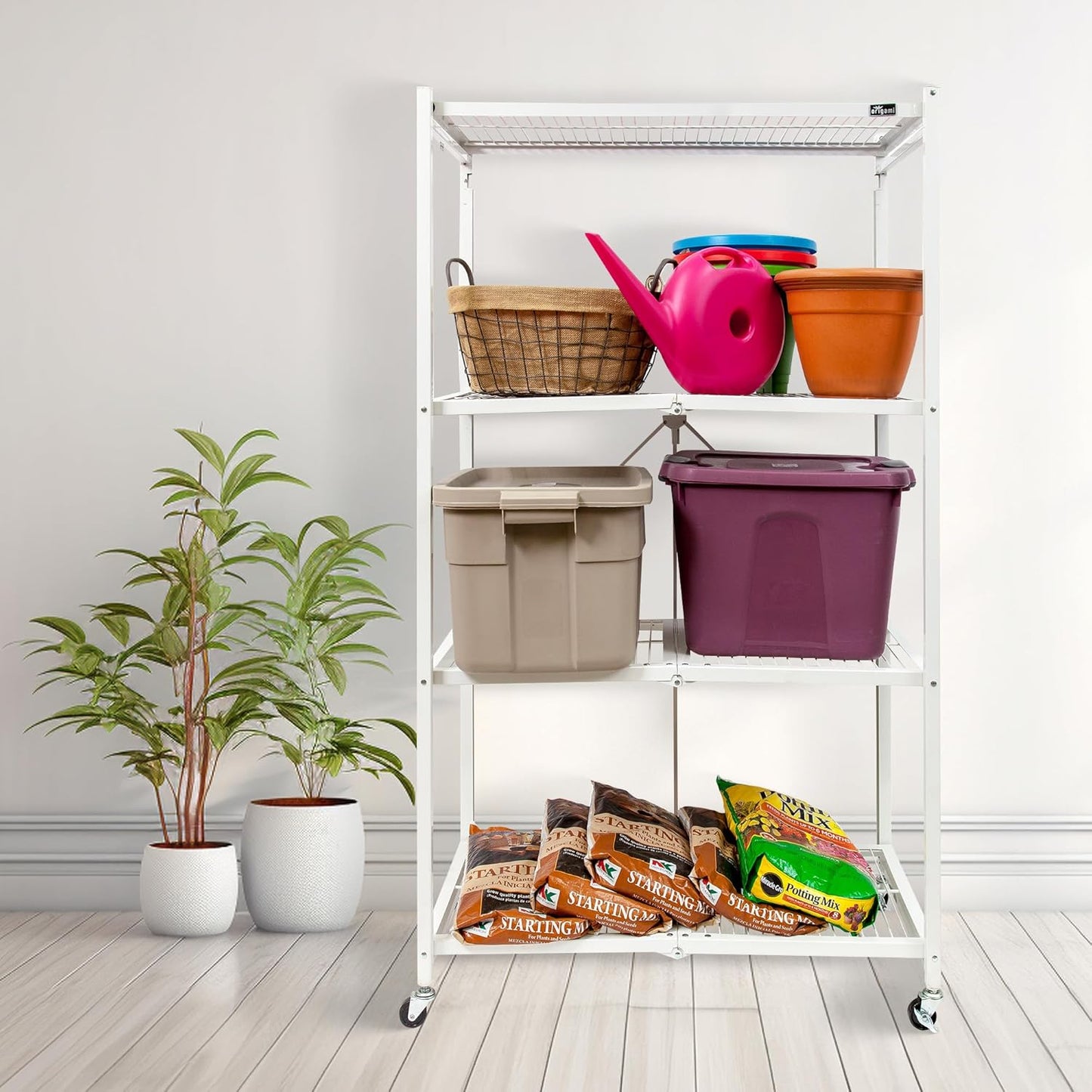 Origami R5 4-Shelf Heavy-Duty Folding Storage Rack, White - Large Foldable Metal Shelving Unit with Wheels for Garage, Pantry, Basement, Laundry Room or Warehouse
