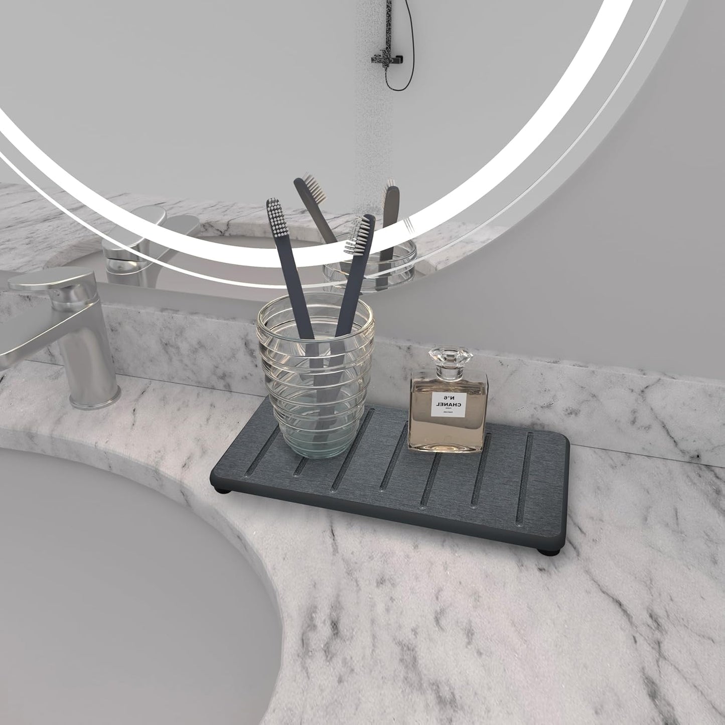 2PCS Water Absorbing Stone Tray for Cosmetics & Hand Soap & Houseplants, 7.9" x 4" Diatomite Coaster, Ultra-Absorbent Sink Tray | Fast-Drying Bathroom & Kitchen Organizer