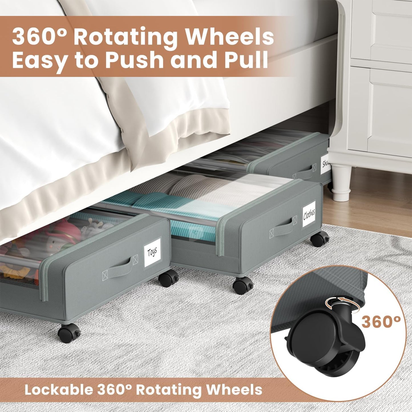 Under Bed Storage Containers with Clear Lid, Large Under Bed Storage with Wheels,6.22"H Under Bed Containers Rolling Under Bed Cart, Fabric & Metal Frame Under Bed Drawer for Clothing ;Grey, 4 PCS