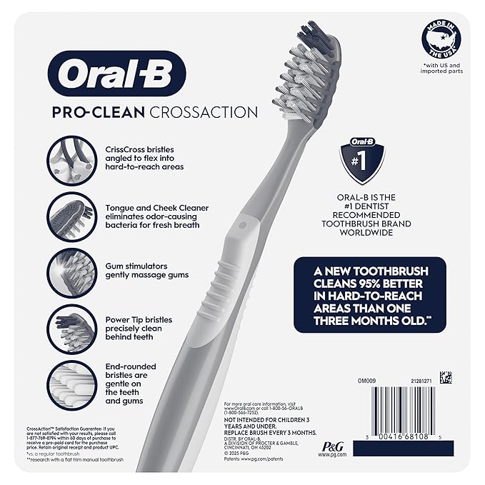 Oral-B Pro Health CrossAction Plaque Removal toothbrushes, 6 Count Toothbrush Soft, Deep Reach in Tight Spaces, Tongue Scraper Tooth Brush, Plaque Fighter, Gentle on Teeth, Gum stimulators
