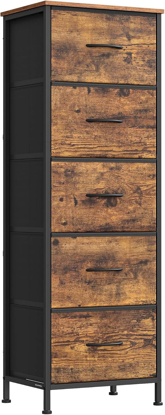 SONGMICS Dresser for Bedroom, Chest of Drawers, Steel, MDF, 5 Non-Woven Fabric Drawers, Storage Organizer Unit, Closet, Entryway, Rustic Brown and Ink Black ULGS315B02S