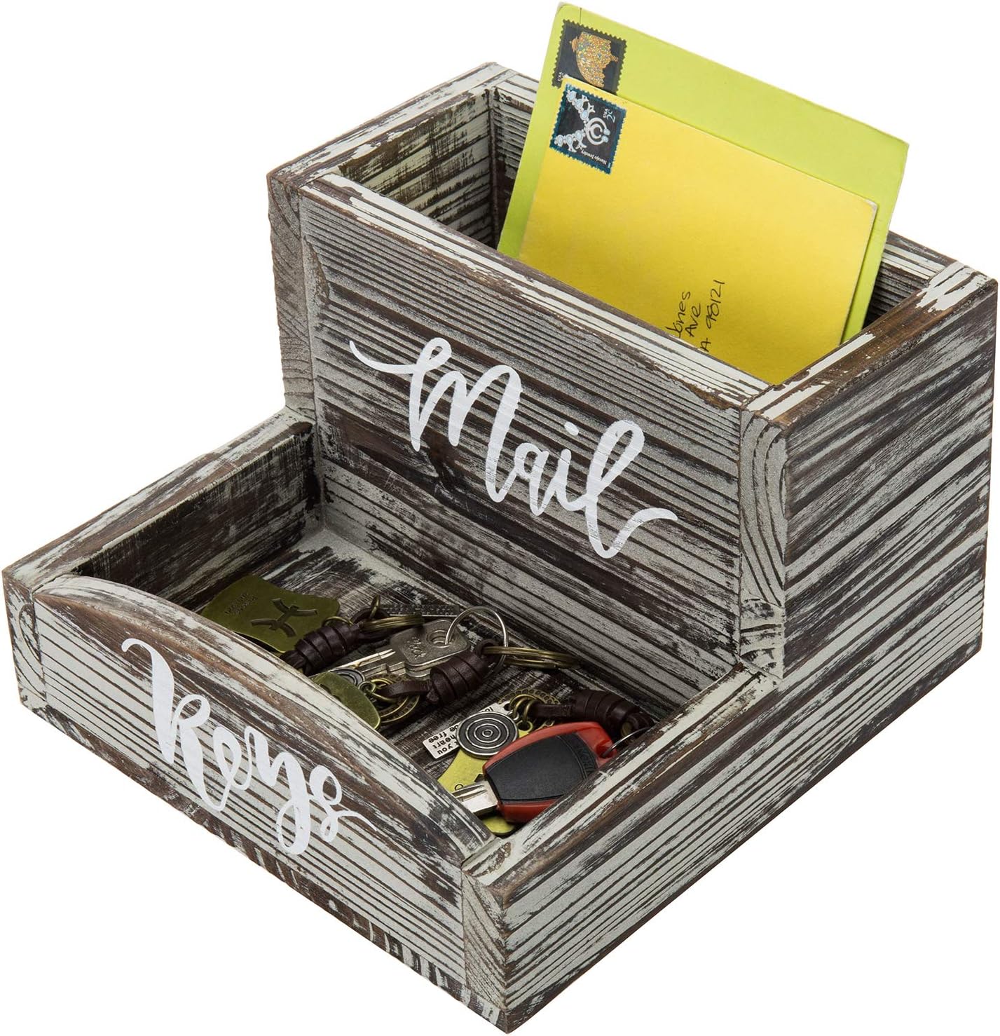 MyGift Rustic Torched Wood Mail Holder and Key Organizer Entryway Storage Tray with Cursive Mail and Keys Word Design, Office, Dorm, Classroom Desktop Organizing Bin