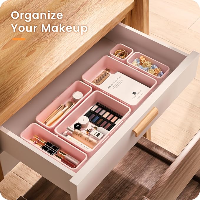 A-LuGei 【𝟮𝟴𝗣𝗖𝗦】 【𝟱𝗦𝗶𝘇𝗲】 Pink Drawer Organizer, Makeup organizer, 【Holds 177 Items】 Bathroom Organizers and Storage, Plastic Desk Organizer Divider, Organizer Bins for Office Vanity