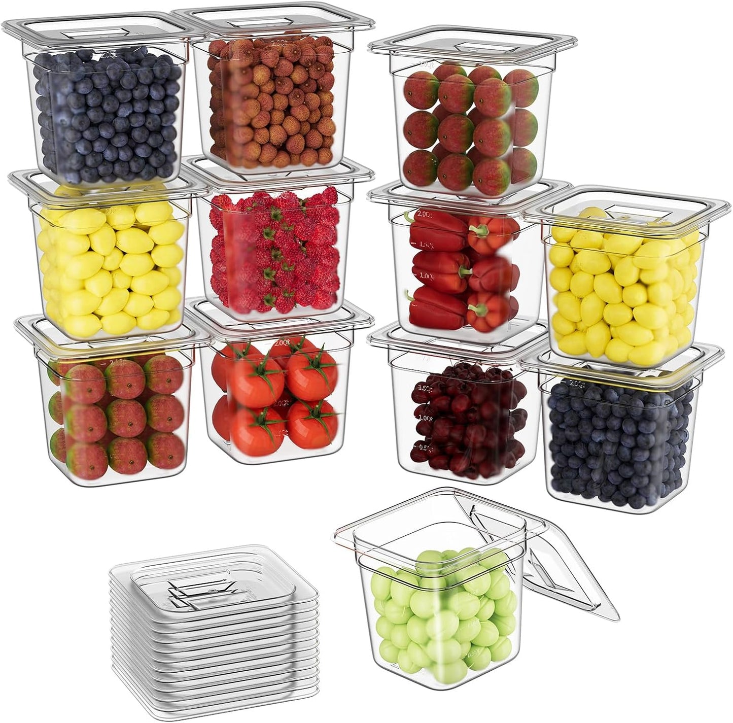 1/6 6'' 12 Pack Plastic Food Pans With Lids, Clear Food Pan, Commercial Stackable Polycarbonate Freezer-Safe for Fruits Vegetables Restaurant Kitchen