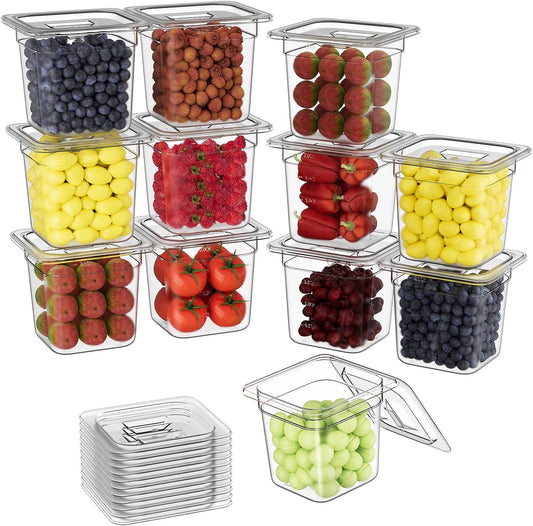 1/6 6'' 12 Pack Plastic Food Pans With Lids, Clear Food Pan, Commercial Stackable Polycarbonate Freezer-Safe for Fruits Vegetables Restaurant Kitchen