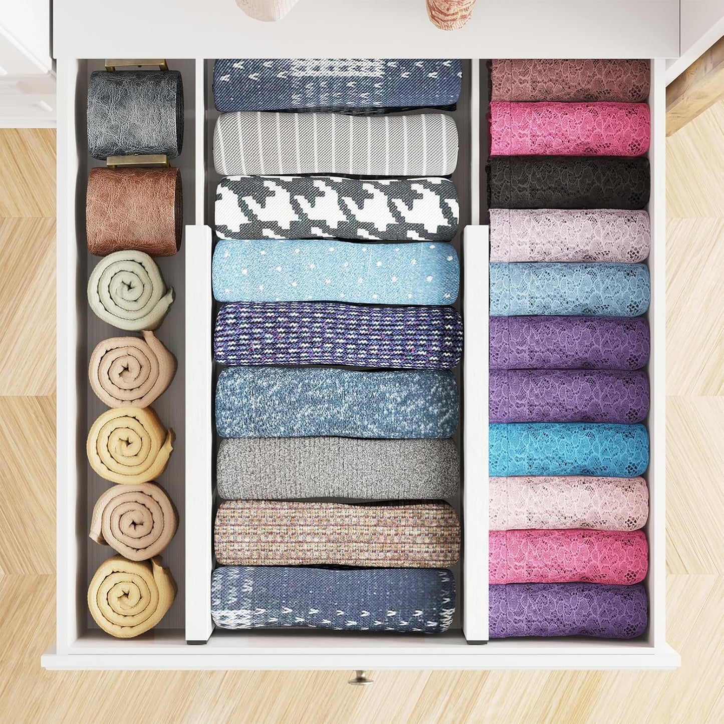 SpaceAid Bamboo 4 Pack Dresser Drawer Dividers, 4.65“ High Adjustable 12.5“-17” Drawer Organizers, Expandable Organization for Clothing, Clothes, Dressers, White