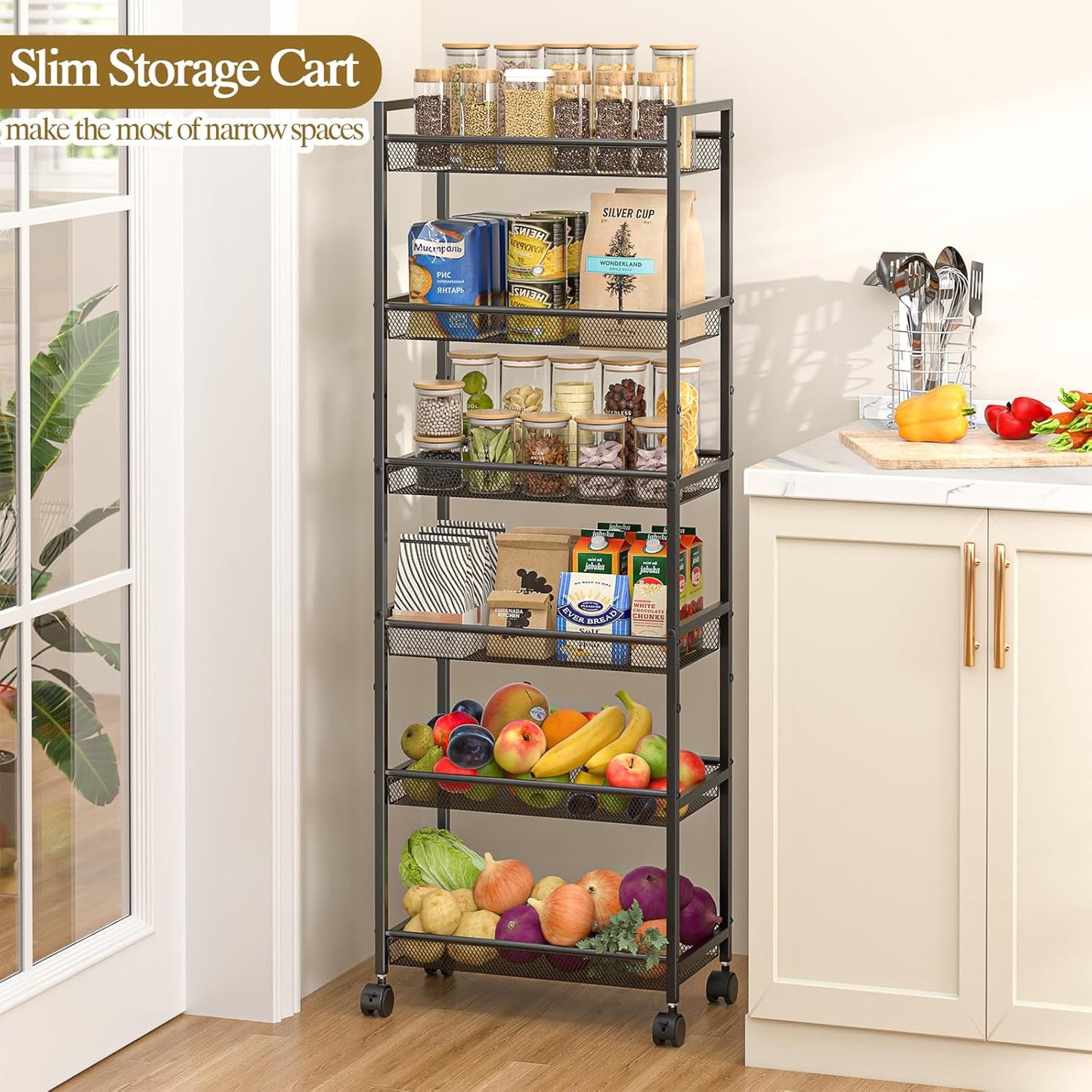 6 Tier Slim Rolling Storage Cart, Narrow Mobile Shelving Unit Organizer Utility Cart with Wheels, Metal Wire Storage Rack with Baskets for Kitchen, Bathroom, Laundry & Living Room, 10in(W)