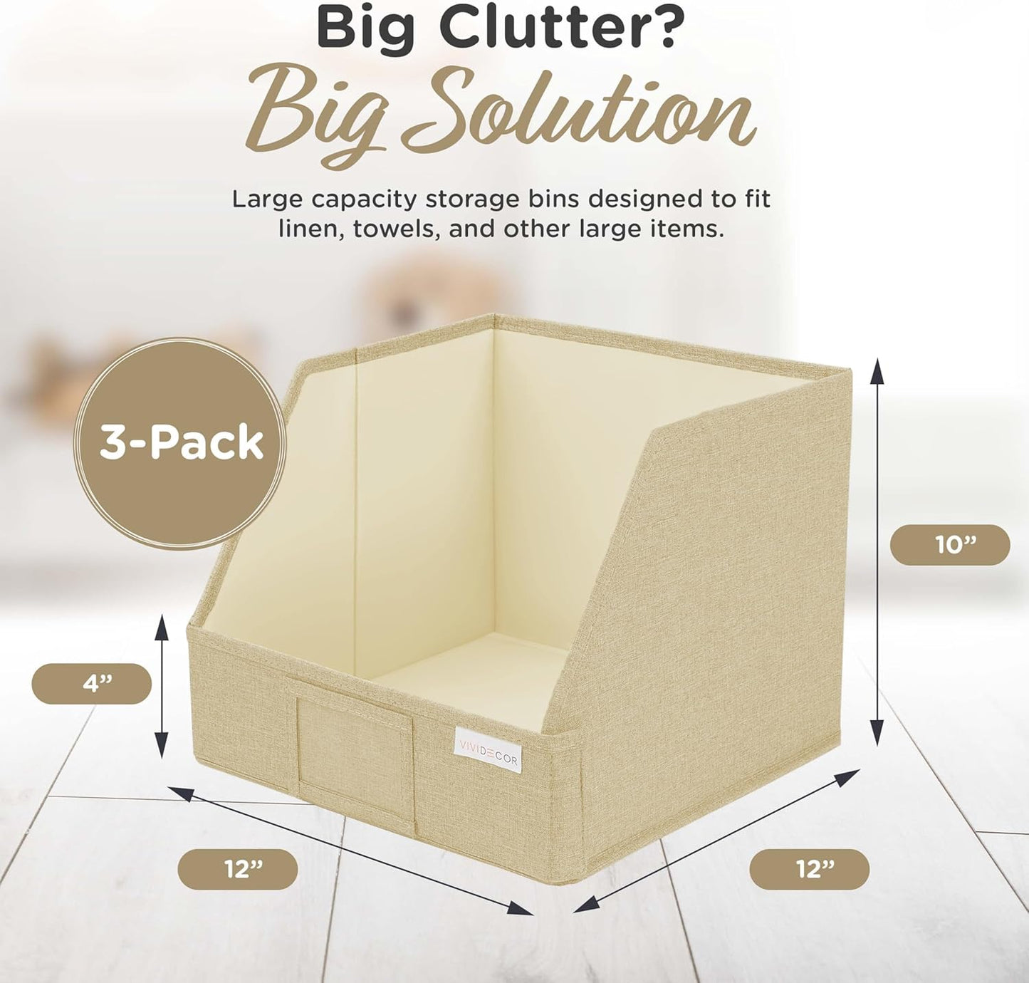 Trapezoid Storage Bins – 3-Pack Closet Shelf Organizer & Baskets, Open Front Bin for Shelves, Foldable Fabric Basket for Clothes, Cube Storage Bins, Towel, Clothing Shelf (Beige, 3 Pack)