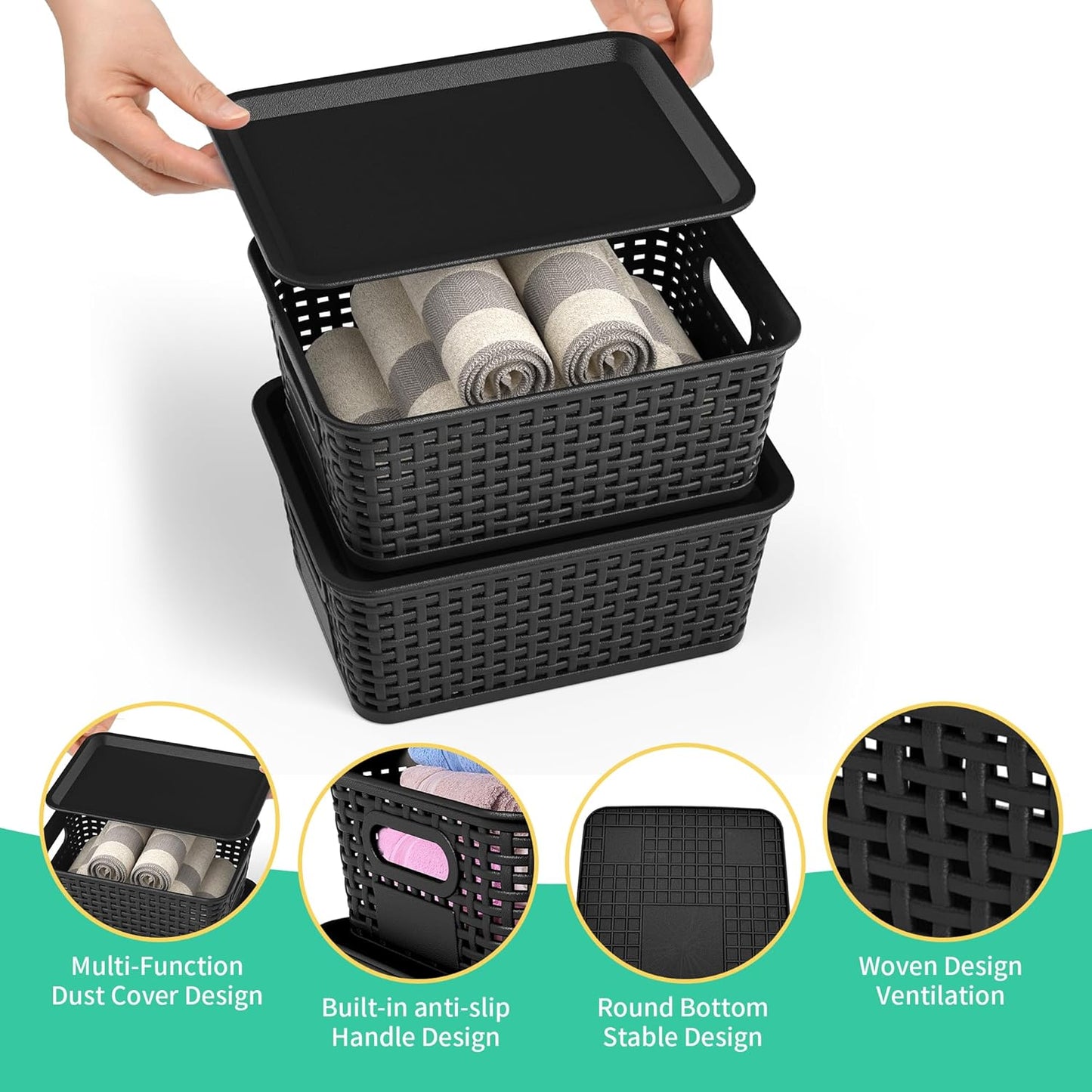 8-Pack Black Plastic Storage Baskets with Lids, Label Organizers, Stackable Organizer Containers: For Organizing Shelves, Drawers, Desk Closets, Playrooms, Classrooms, Offices
