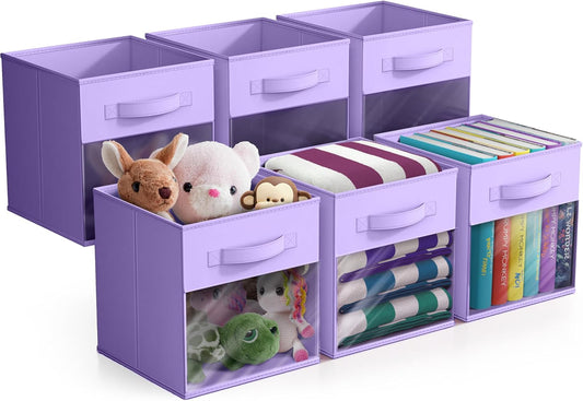 Sorbus 11 Inch Storage Bins with Clear Window - 6 Foldable Baskets for Organizing Clothes, Toys, Books - Sturdy Collapsible Fabric Storage Cubes with Handle - Storage Baskets for Shelves, Closets