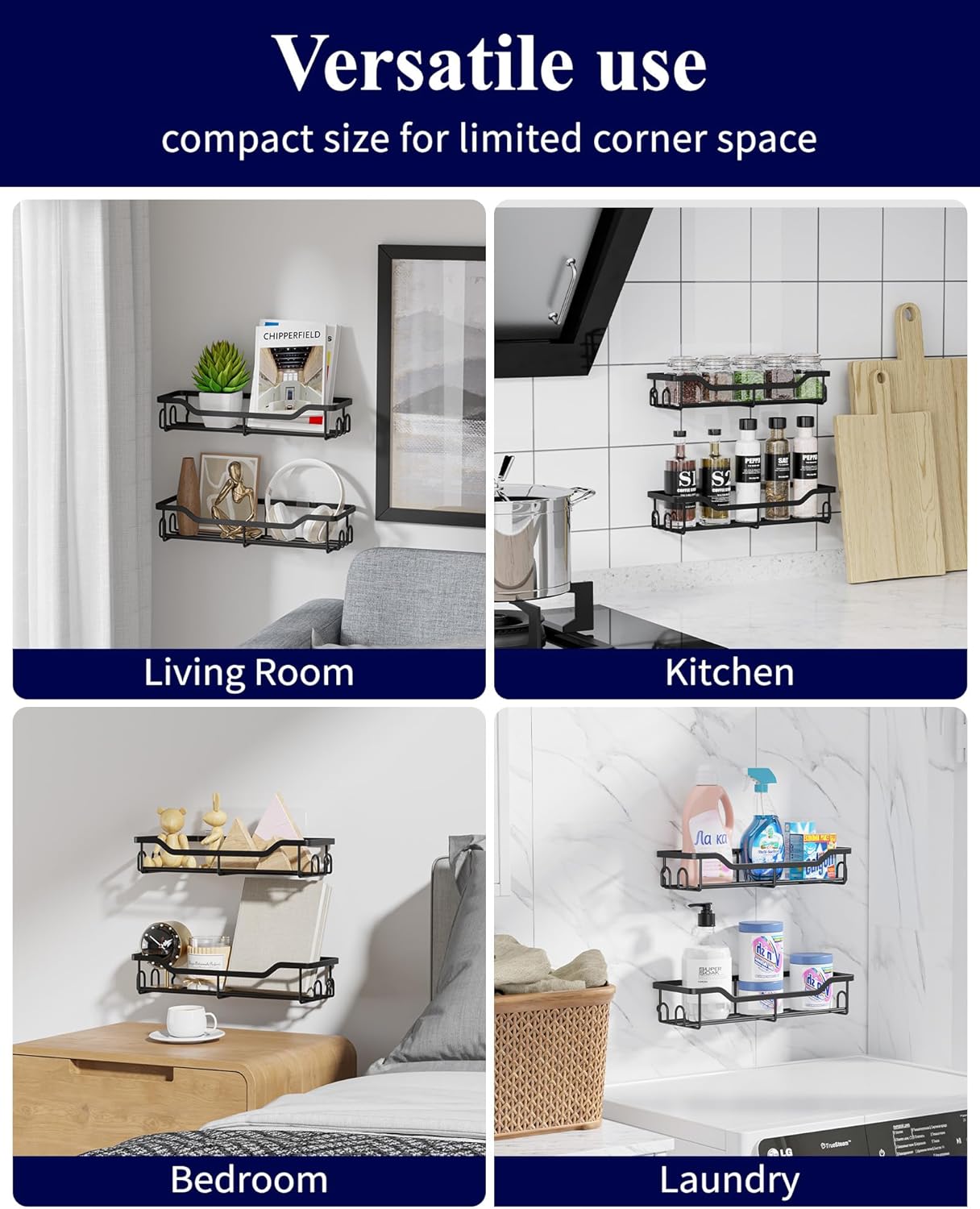 Kitsure Shower Caddy Large - Adhesive Shower Organizer, Stainless Steel Shelf for Inside Shower, No Drill Bathroom Organizers and Storage, Home Decor Accessories, 2 Pack, Black