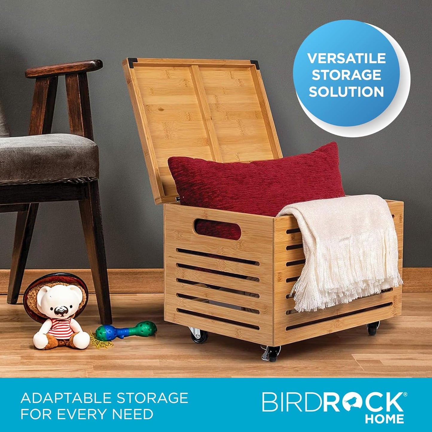 BIRDROCK HOME Rolling File Storage Organizer Box with Lid (New Version) - Bamboo Decorative Wood Hanging File Box for Letter/Legal Documents, Binders, Blankets - Durable Office Organizer - Natural