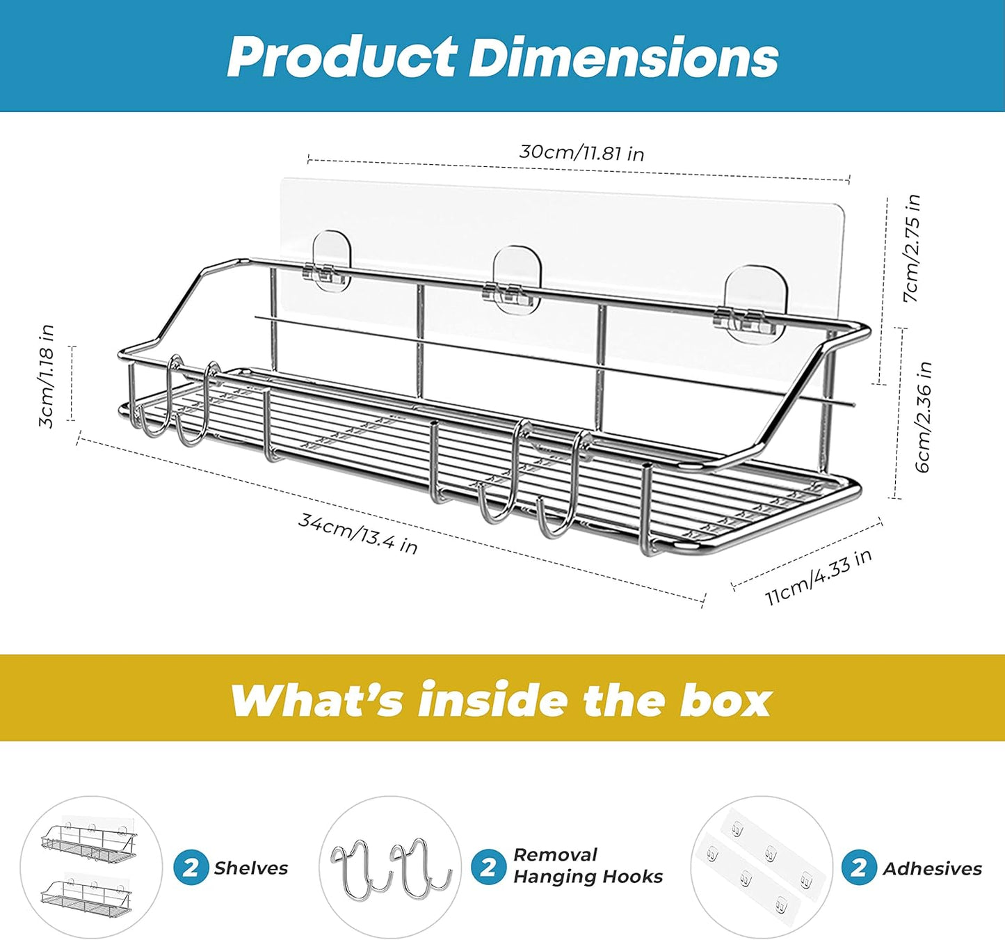 KESOL Adhesive Shower Caddy Shower Shelf Organizer for Bathroom Organization with Hooks, SUS304 Stainless Steel, 2 Pack (Silver)