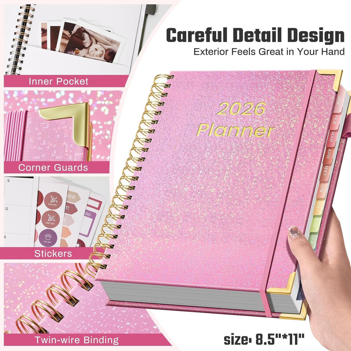 2026 Planner Hardcover Weekly & Monthly Calendar Planner for Women Jan 2026 - Dec 2026 8.5" x 11" Daily Agenda Book with Tabs Spiral Bound Inner Pocket Perfect for School Office, Pink
