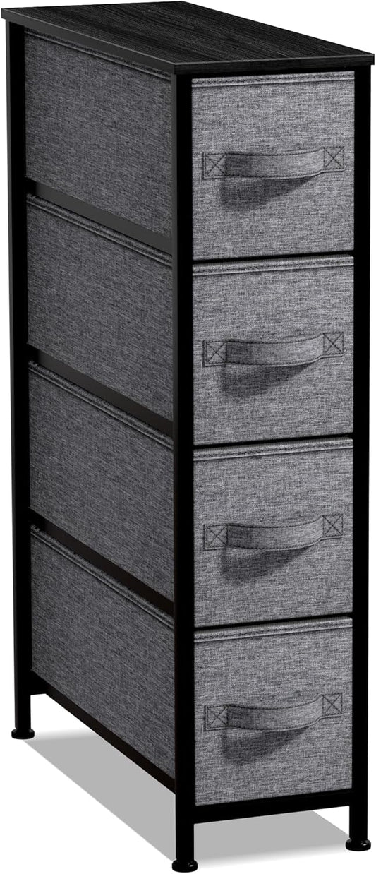 Sorbus Narrow Dresser with 4 Drawers - Vertical Slim Storage Chest of Drawers with Steel Frame, Wood Top & Easy Pull Fabric Bins for Small Spaces, Closets, Bedroom, Bathroom & Laundry (Black/Charcoal)