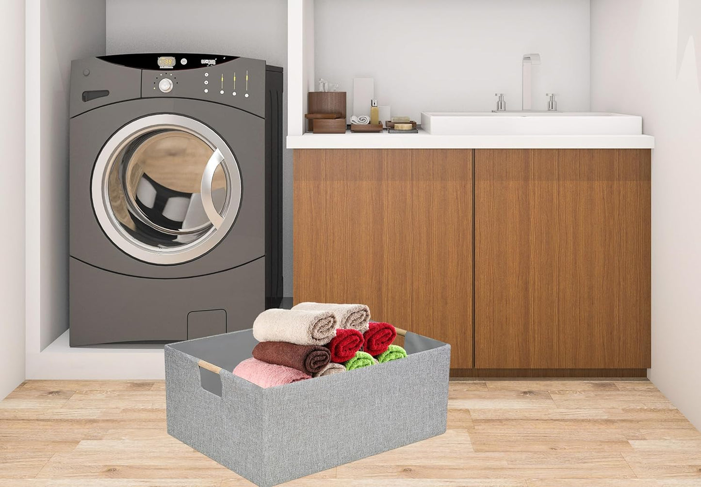 Collapsible Storage Box for Women - Foldable Home Organizer 16.9x12.5x7Inches with Wooden Handles | Closet, Bathroom & Kids Room Storage | Heavy-Duty Linen Fabric 2Pack