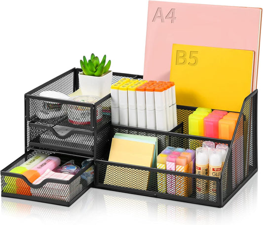 Lavatino Larger Mesh Desk Organizer with Drawers, Multifunctional Desk Organizers and Accessories with 6 compartments + 2 Drawer, Office Desktop Organization for supplies (Black)