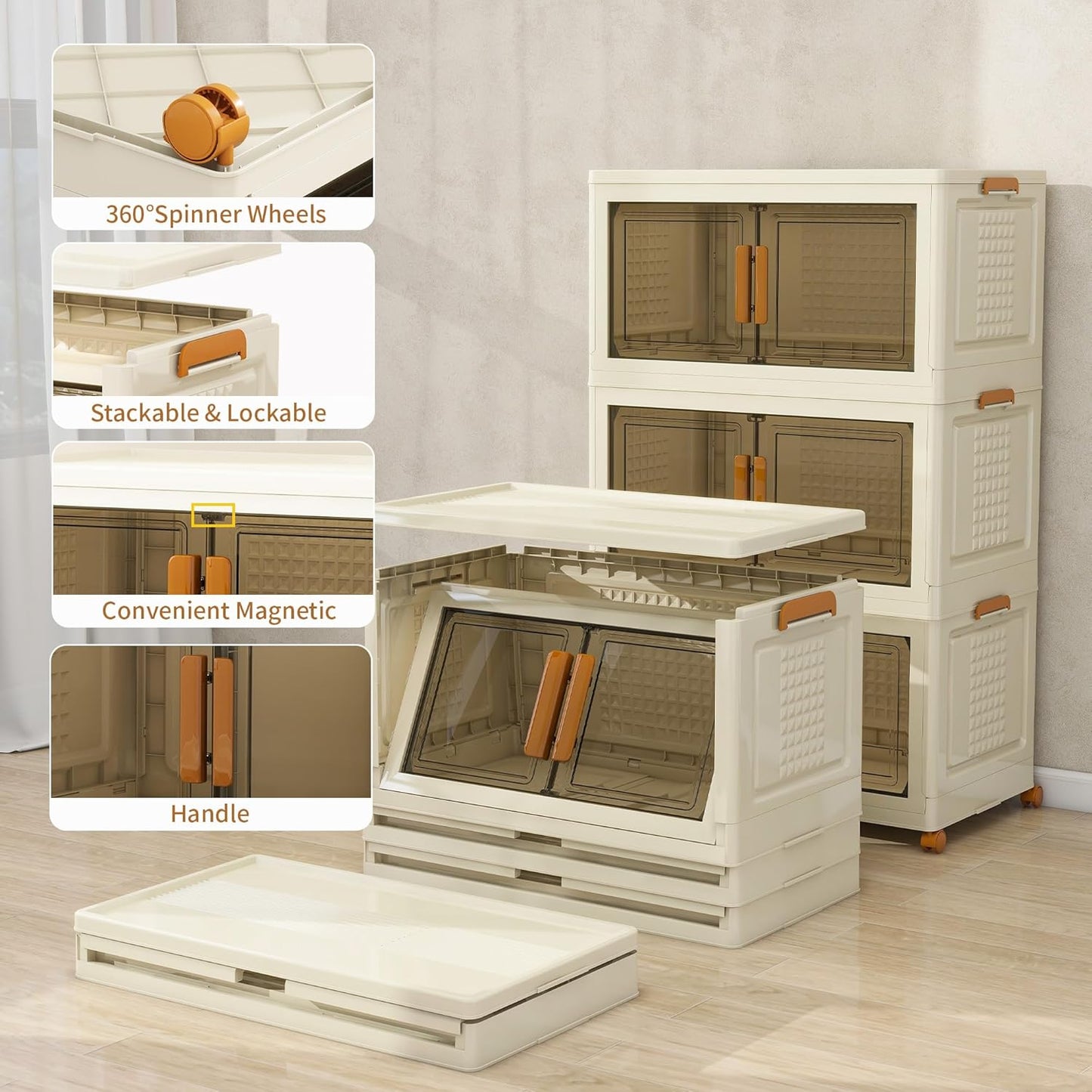 Plastic Stackable Storage Bins with Lids and Wheels, Foldable Closet Organizers and Storage Containers, Collapsible Clear Drawer Storage Cabinet with Doors White 114Gal