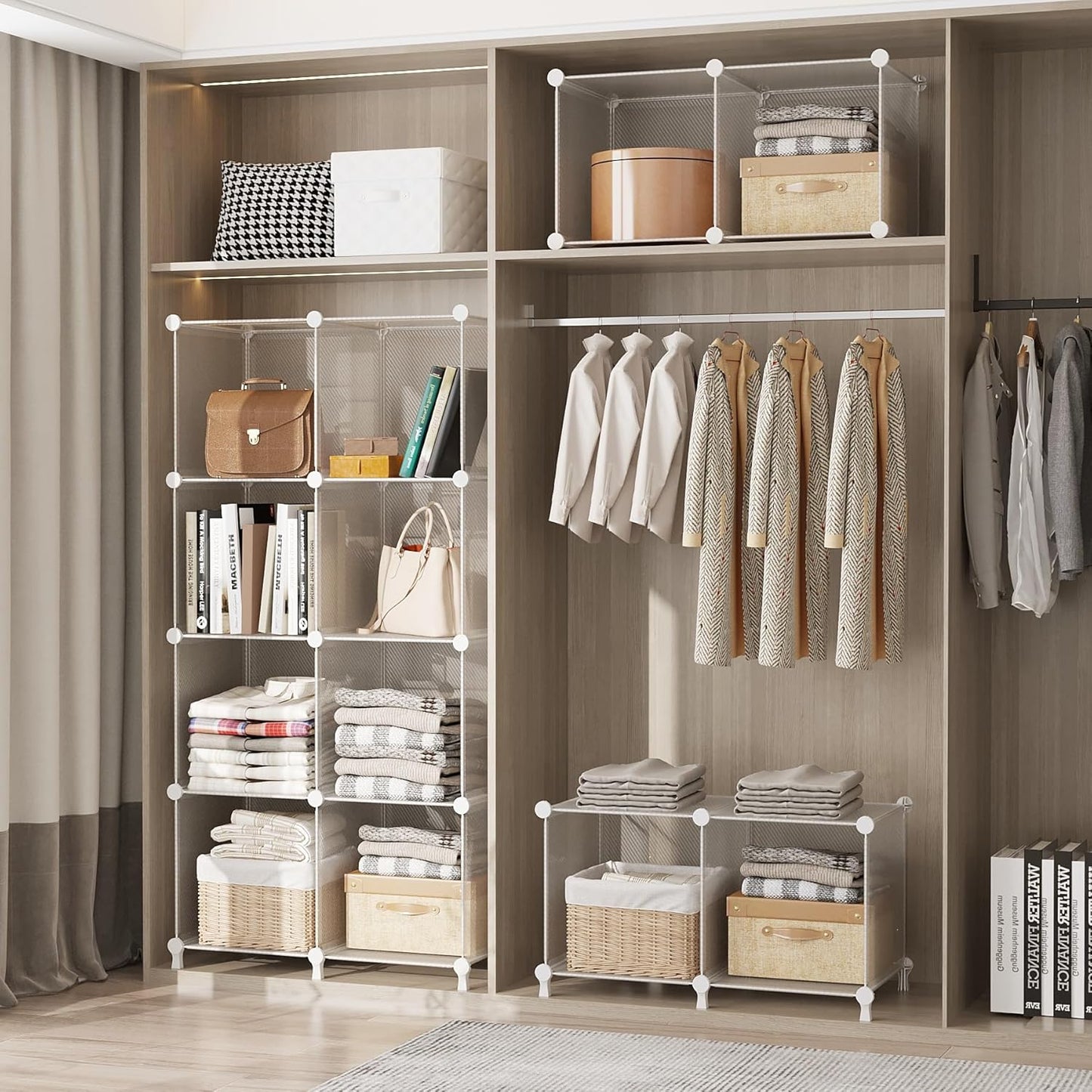 AWTATOS Cube Storage Organizer, Closet Organizers and Storage, 12 Cube Shelves Bookshelf, DIY Stackable Plastic Clothes Organizer Shelving for Bedroom, Home, Transparent Twill