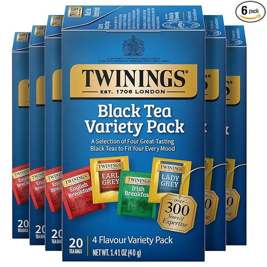 Twinings Variety Pack Black Tea Bags, 20 Count (Pack of 6), Includes English Breakfast, Early Grey, Irish Breakfast, and Lady Grey, Caffeinated, Enjoy Hot or Iced, 120 Teabags
