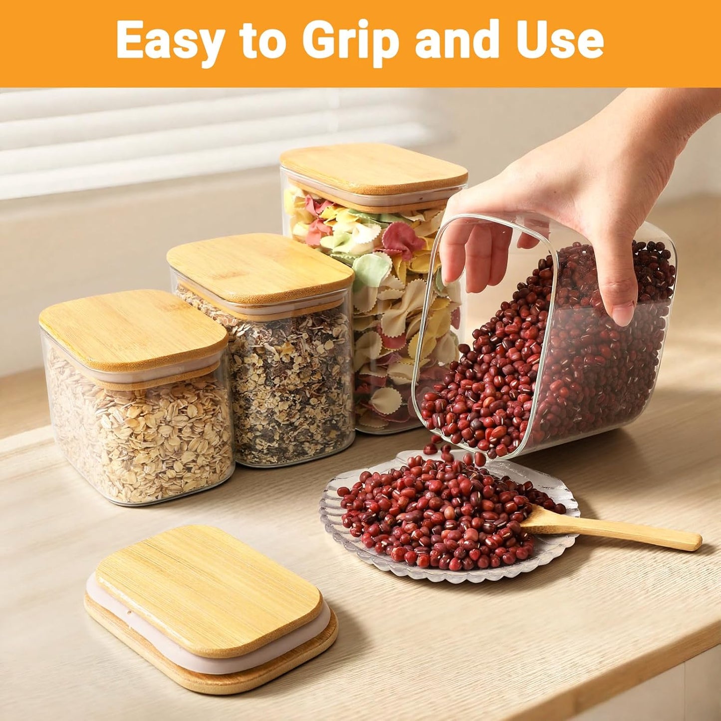 27oz Glass Storage Jars Set of 4, Rectangle Glass Jars with Bamboo Lids, Clear Empty Kitchen Pantry Storage Containers, Loose Tea Container for Sugar, Coffee Bean, Cereal, Flour, Spice, Nuts