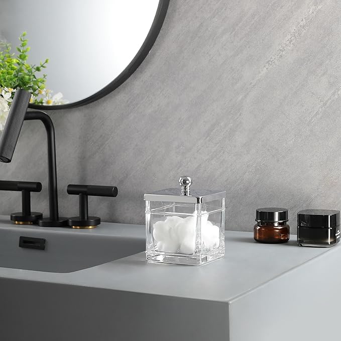 Apothecary Glass Cotton Jar Holder Silver Stainless Steel Lid, Elegant Bathroom Storage Canister for Qtips, Cotton Balls, Floss, Makeup Organizer, Vanity Bathroom Organization