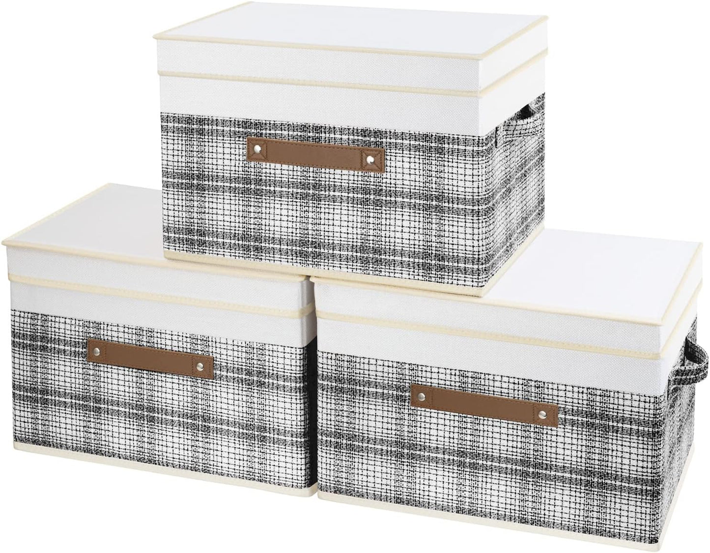 TYEERS Collapsible Storage Bins with Lids, Patchwork Design, Washable, Fabric Storage Boxes, 14.9x9.8x9.8 inches, 3 Pack, Gray