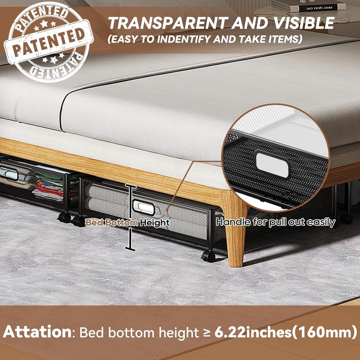 Under Bed Storage Containers with Wheels - Shoe Storage Organizer Drawer, Tool-free Assembly Metal Underbed Storage for Bedroom Clothes, Shoes, Blankets - 4Pack