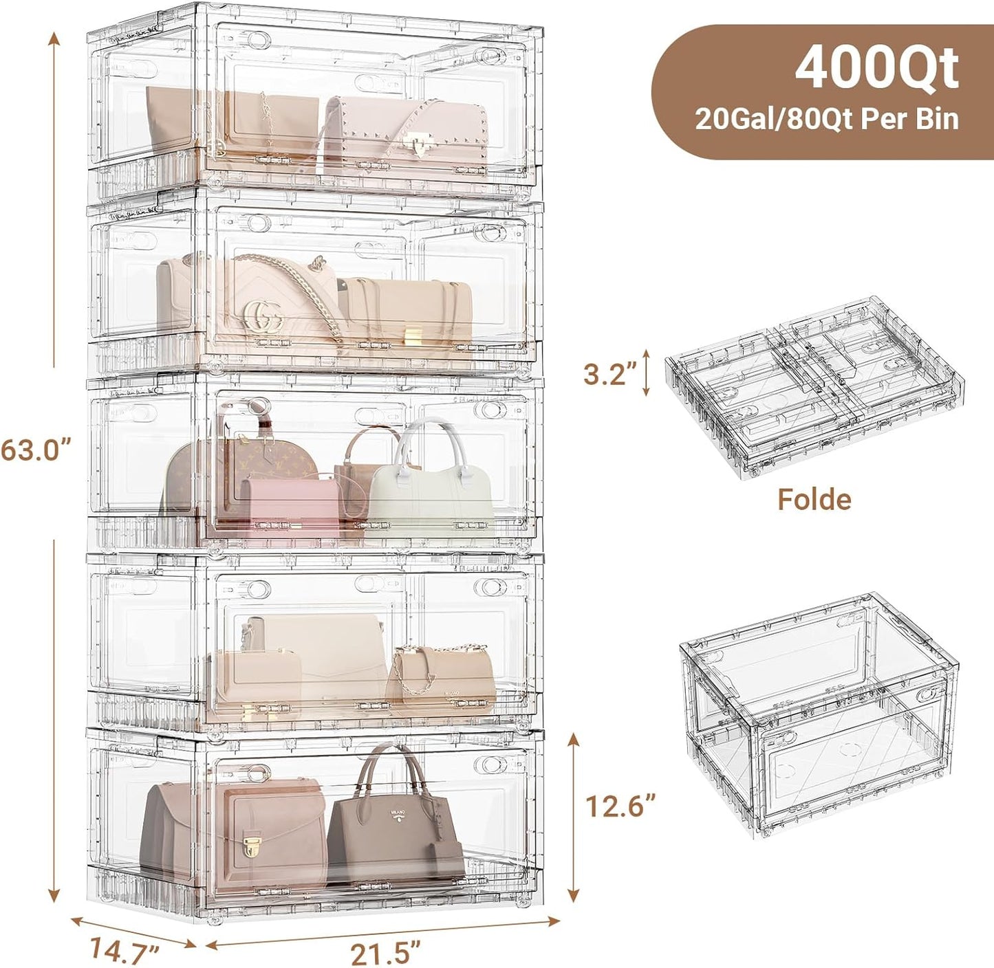 BROVIEW 400Qt Clear Stackable Storage Bins with Lids and Wheels, Shiny Plastic Storage Bins, Foldable PET Drawer Closet Organizers and Storage Cabinets Display Box for Home Craft Makeup, 5 Pack
