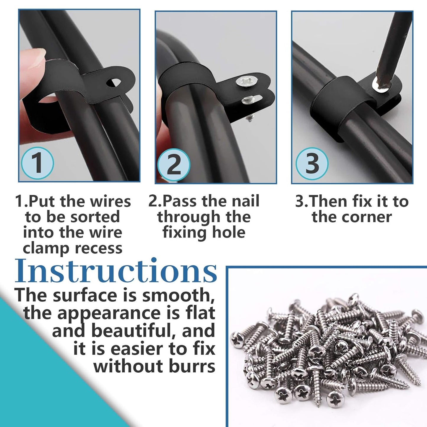 Glarks 60Pcs 3/8 Inch Black Nylon Screw Mounting R-Type Cable Clip Wire Clamp with 60Pcs Screws for Wire, Cable, Conduit and Cable Conduit Kit (Black)