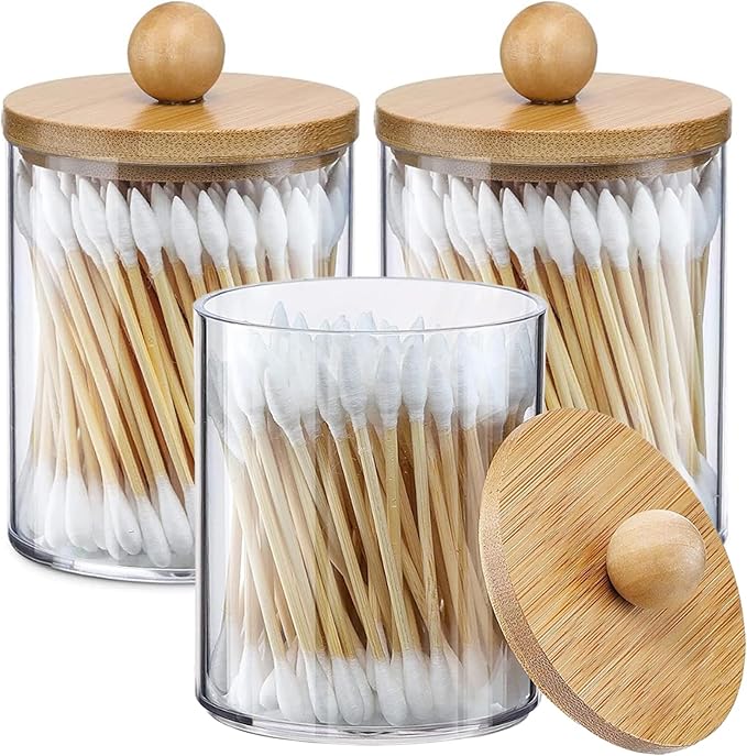 AXX Qtip Dispenser Apothecary Jars Bathroom - Qtip Holder Storage Canister Clear Plastic Jar for Cotton Swab,Q-Tips,Cotton Rounds (Bamboo 3Pcs)